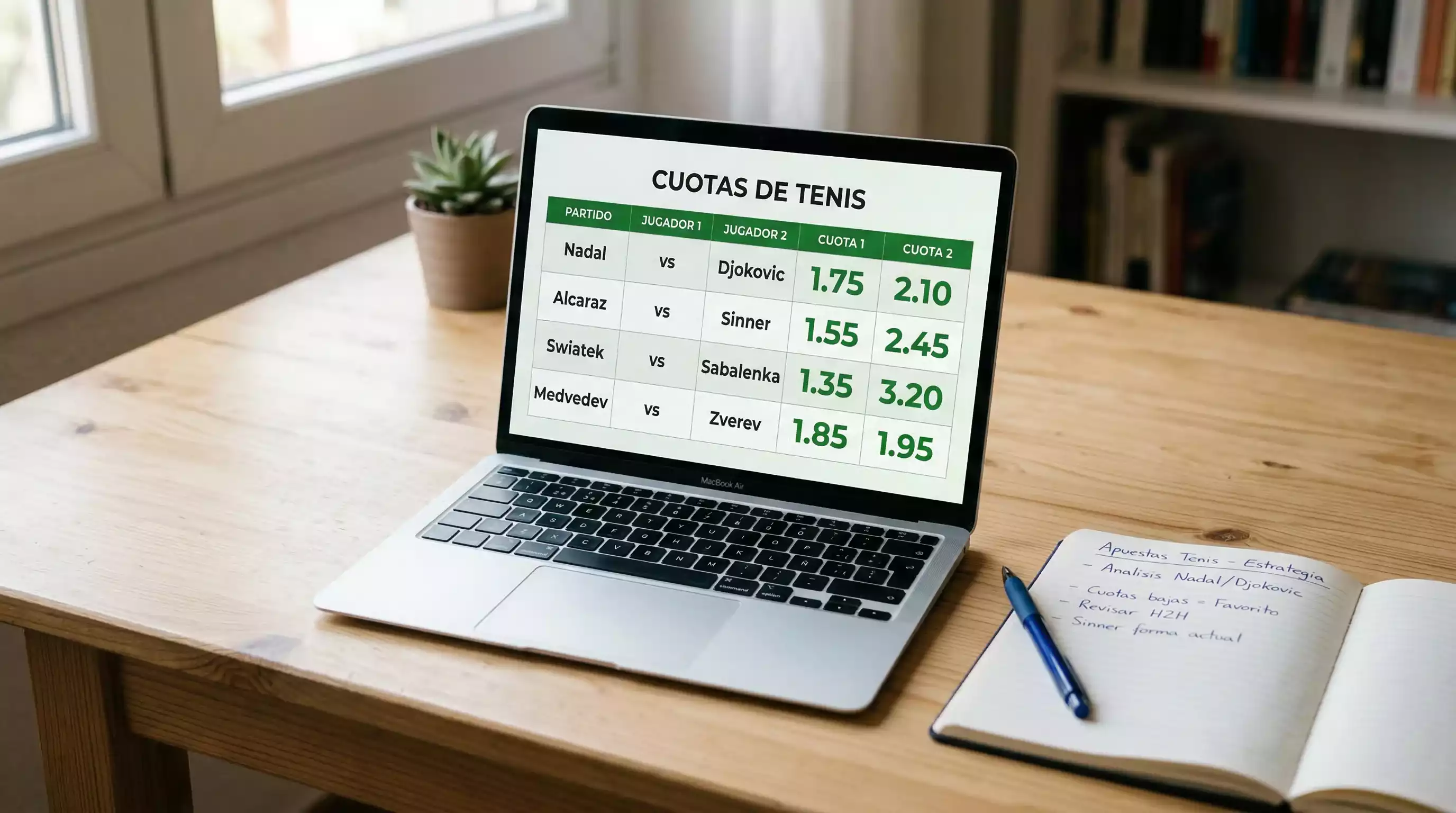 Pantalla de ordenador mostrando lineas de cuotas de tenis en una plataforma de apuestas deportivas