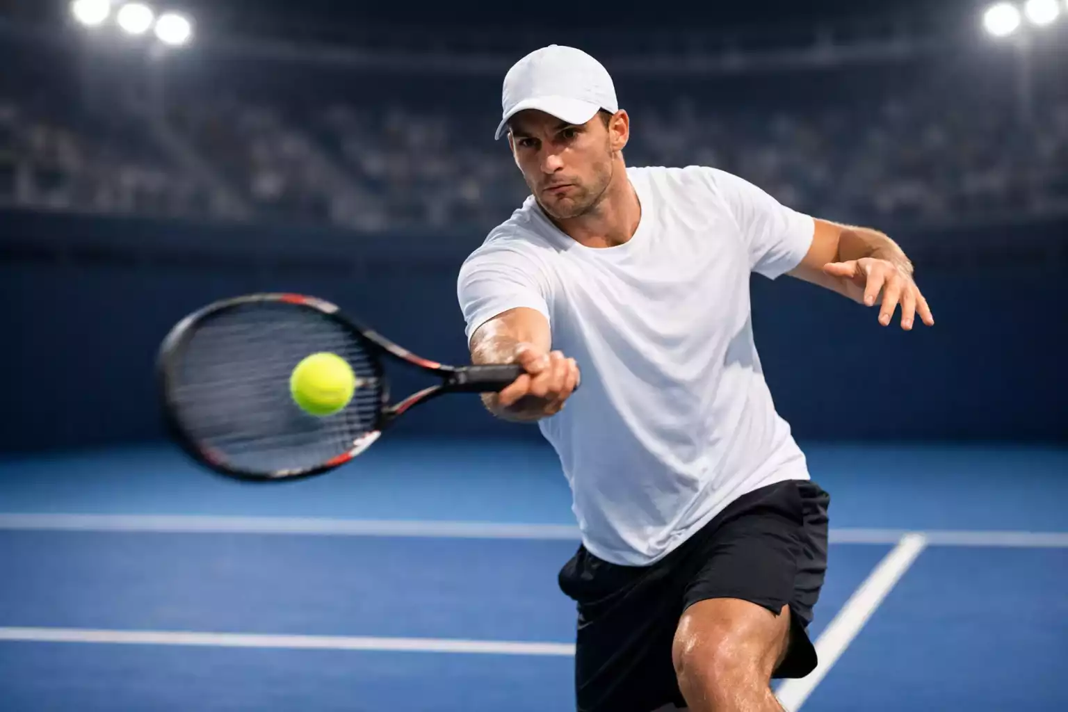 Tenista profesional celebrando un punto en pista dura de hardcourt bajo focos durante el Open de Australia